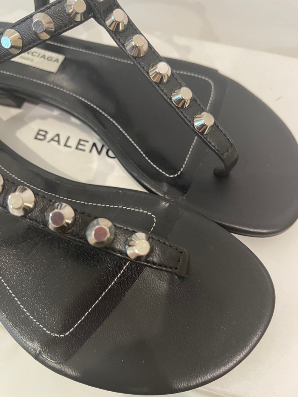 Balenciaga Black Leather Studded T-Strap Sandals - Picture 5 of 11